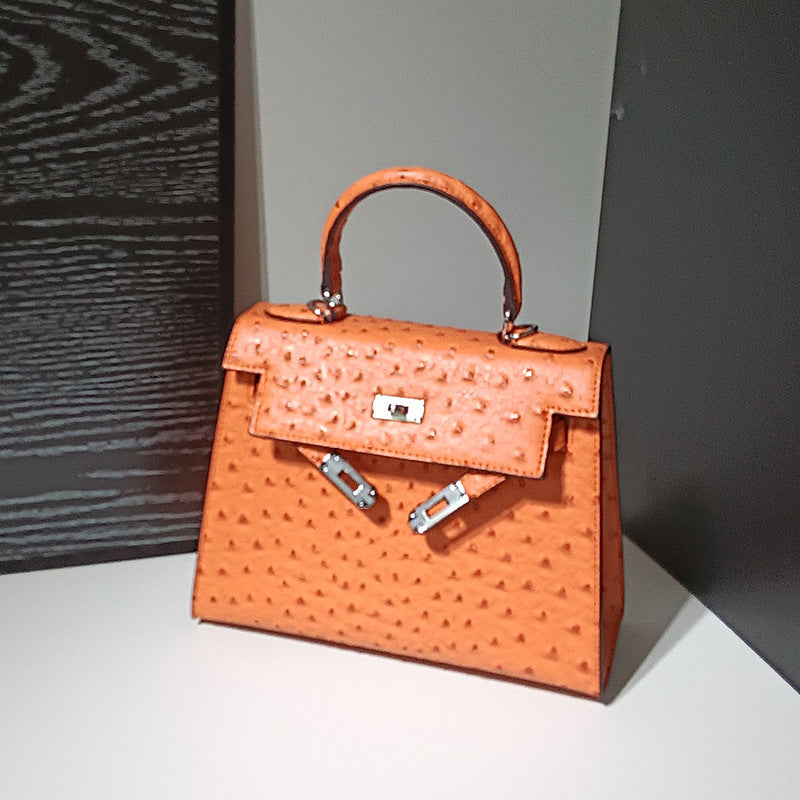 Genuine Leather Ostrich-Embossed Kelly-Style Bag for Women, New Spring Summer Premium Shoulder Crossbody Top Handle Purse, Fashionable Versatile Handbag for Ladies