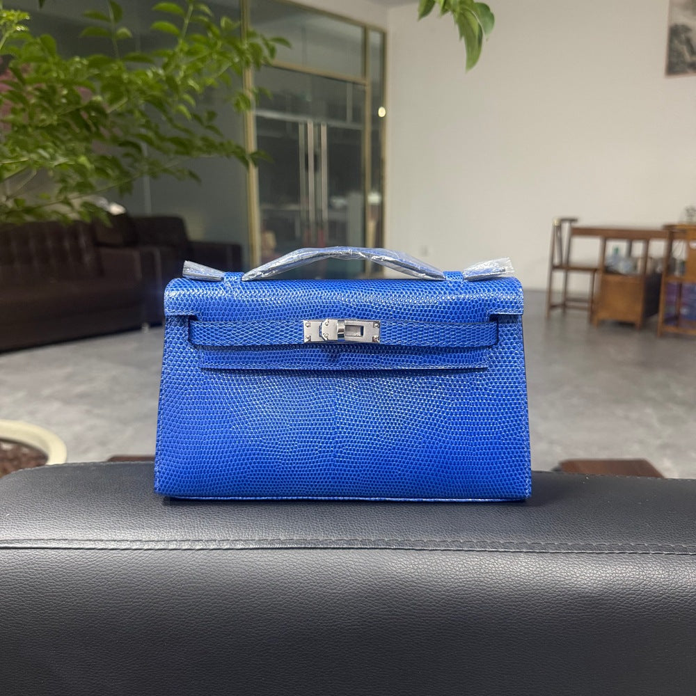 Genuine Top Layer Cowhide Lizard-Embossed Kelly-Style 22H Bag for Women, Hand-Stitched Waxed Thread with Lambskin Lining, Full Steel Hardware Square Purse for Ladies