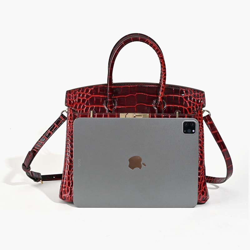 New Genuine Leather Handbag for Women Premium Crocodile Embossed Cowhide Birkin Style Large Capacity Tote