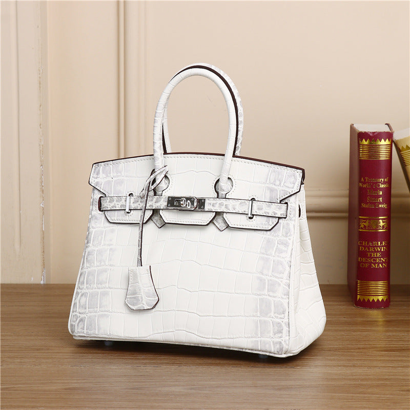New Arrival Himalayan White Croc-Effect Birkin-Inspired Tote Bag for Women, Premium Genuine Leather Large Capacity Turn-Lock Top-Handle Shoulder Handbag, Perfect for Banquets & Everyday