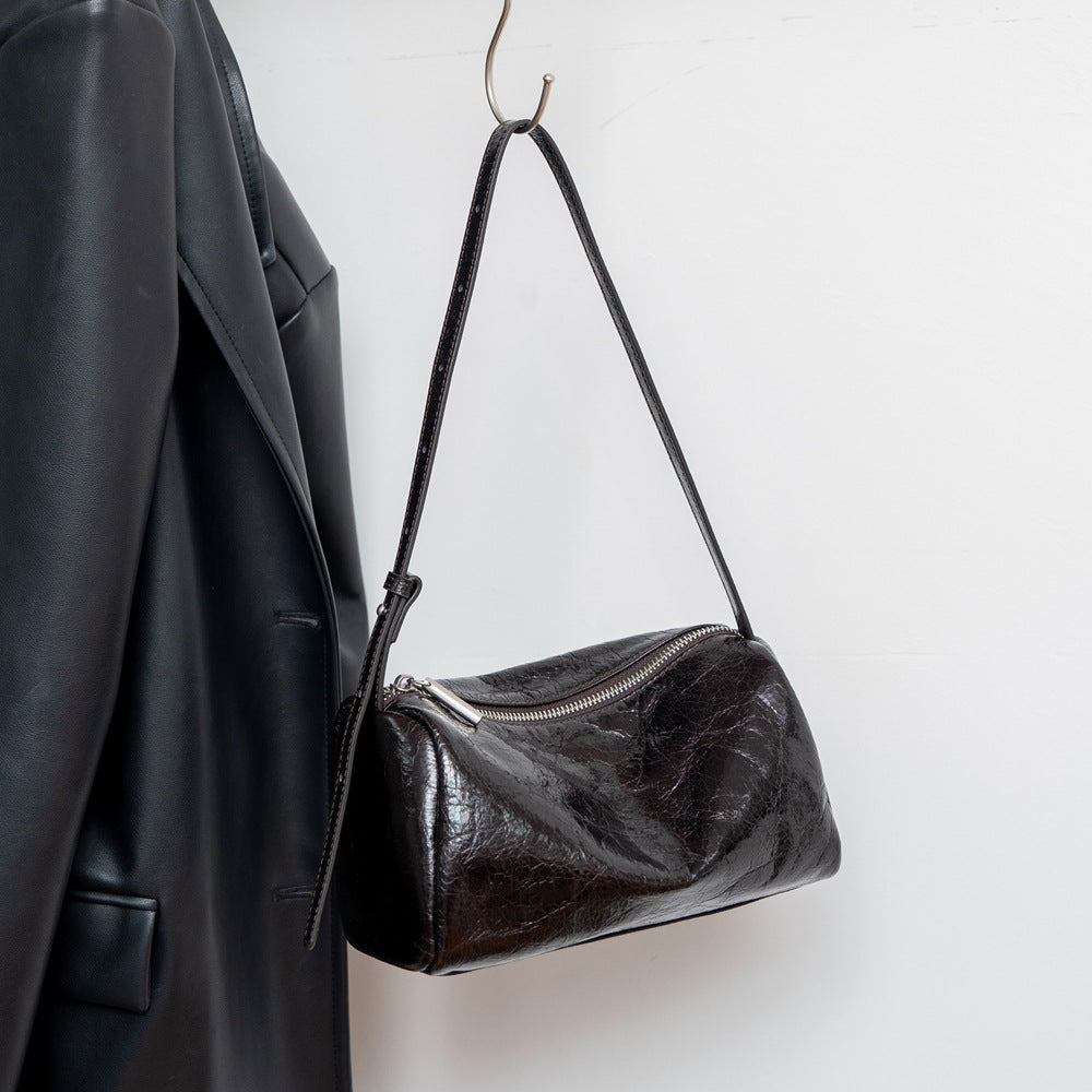 Genuine Top Layer Cowhide Vintage Boston Pillow Bag for Women, New Versatile Commute Shoulder Crossbody Purse, Premium Textured Leather Handbag for Ladies