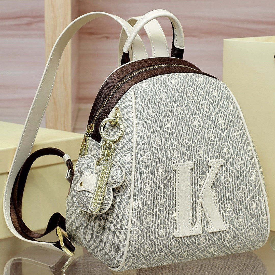 Genuine Leather Light Luxury Printed Backpack for Women, New Minimalist Large Capacity Casual Travel Daypack, Trendy School Bag for Ladies