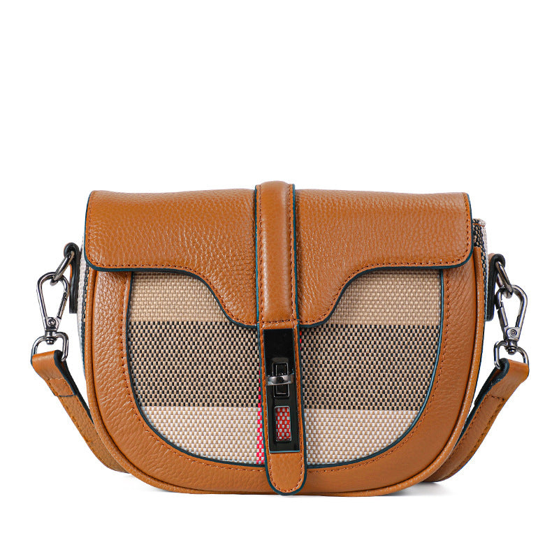 Trendy Plaid Saddle Bag in Genuine Cowhide, Premium Fashionable Crossbody Shoulder Purse for Women