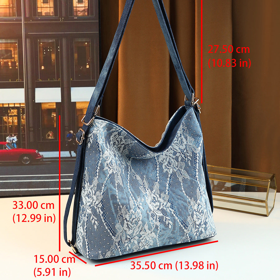 French Lace Rhinestone Denim Tote Bag for Women Large Capacity Drawstring Shoulder Crossbody Backpack, Versatile 3-in-1 Bag with Sparkling Embellishments