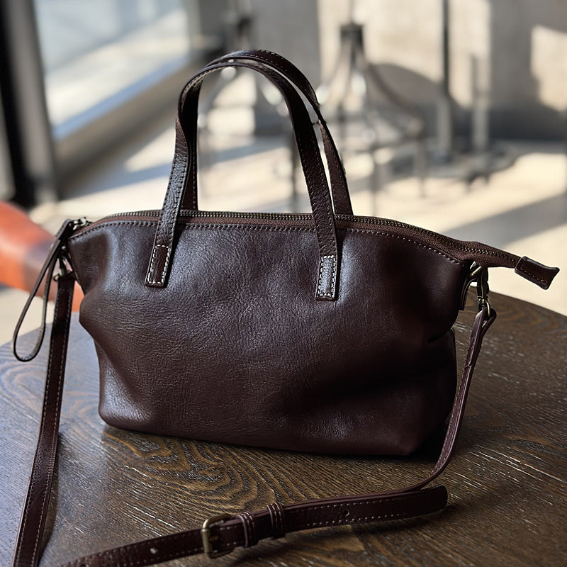 Genuine Top Layer Cowhide Dumpling Bag for Women, Exquisite Shoulder Crossbody Purse, Vegetable-Tanned Pleated Top Handle Handbag, Chic Everyday Bag for Ladies