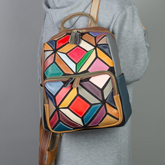 Genuine Leather Colorful Bohemian Geometric Color Block Backpack for Women, New Arrival Casual Trendy Daypack, Boho Travel Shoulder Bag for Ladies