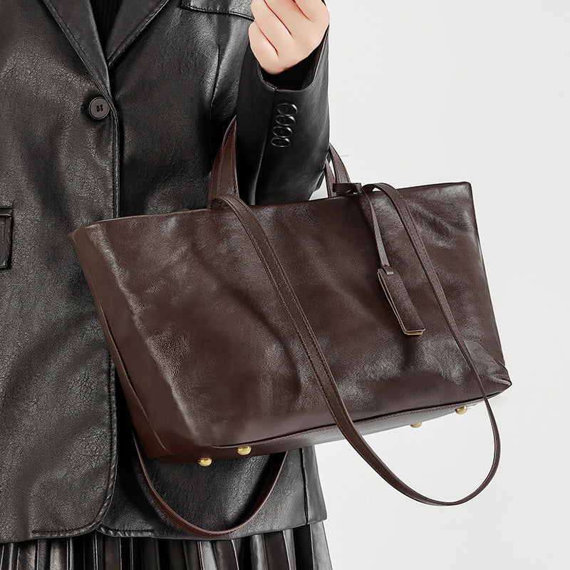 French Vintage Genuine Leather Tote Bag for Women Commuter Shoulder Handbag, Trendy Versatile Purse with Timeless Parisian Elegance