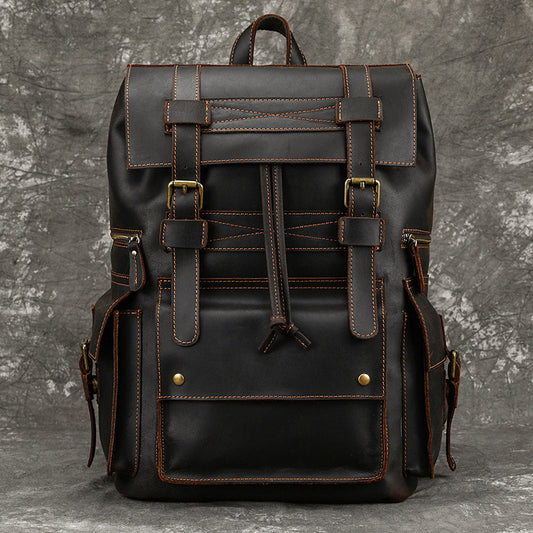16-Inch Vintage Crazy Horse Leather Backpack, Large Capacity Student Travel Daypack, Durable Genuine Leather School Bag for Men
