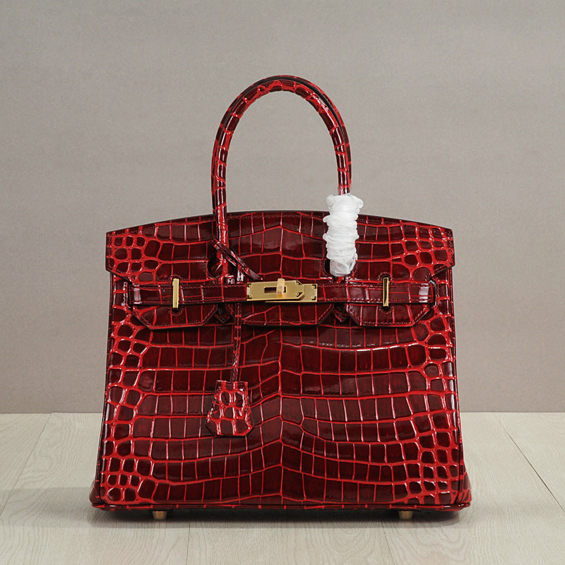 Genuine Leather Crocodile-Embossed Birkin-Style Bag for Women, New Large Capacity Commute Top Handle Shoulder Crossbody Purse, Fashionable Versatile Handbag for Ladies