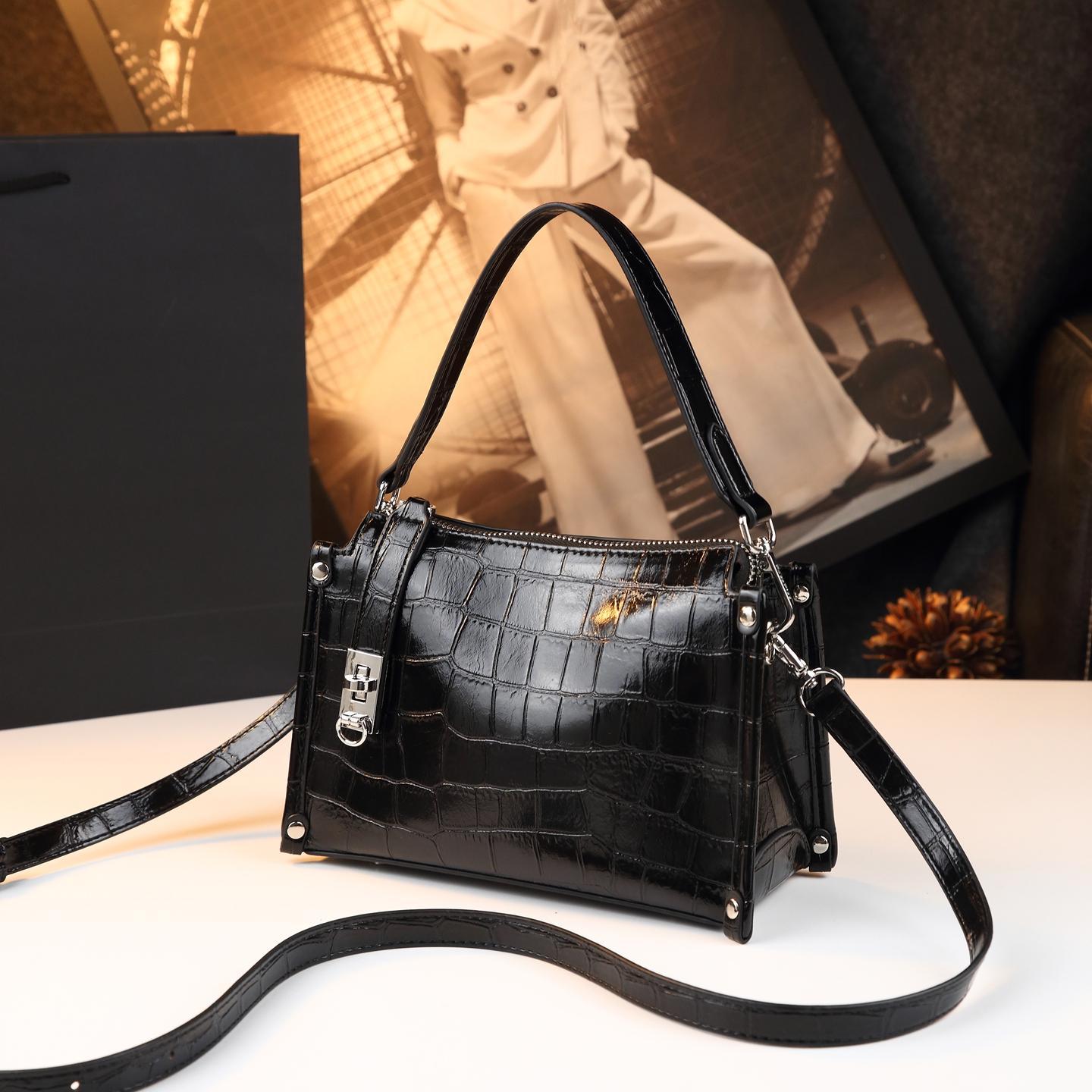 New Arrival Vintage Croc-Effect Genuine Leather Box Bag for Women, A Fashionable Top-Handle Crossbody Shoulder Handbag with Versatile Design