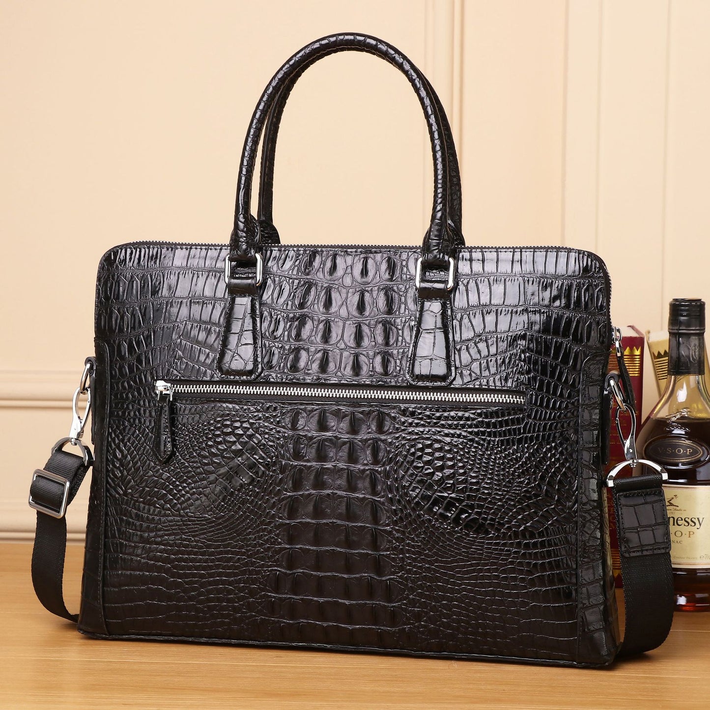 New Arrival Croc-Effect Genuine Leather Business Briefcase for Men, A Top-Handle Laptop Shoulder Crossbody Bag with Casual Professional Design