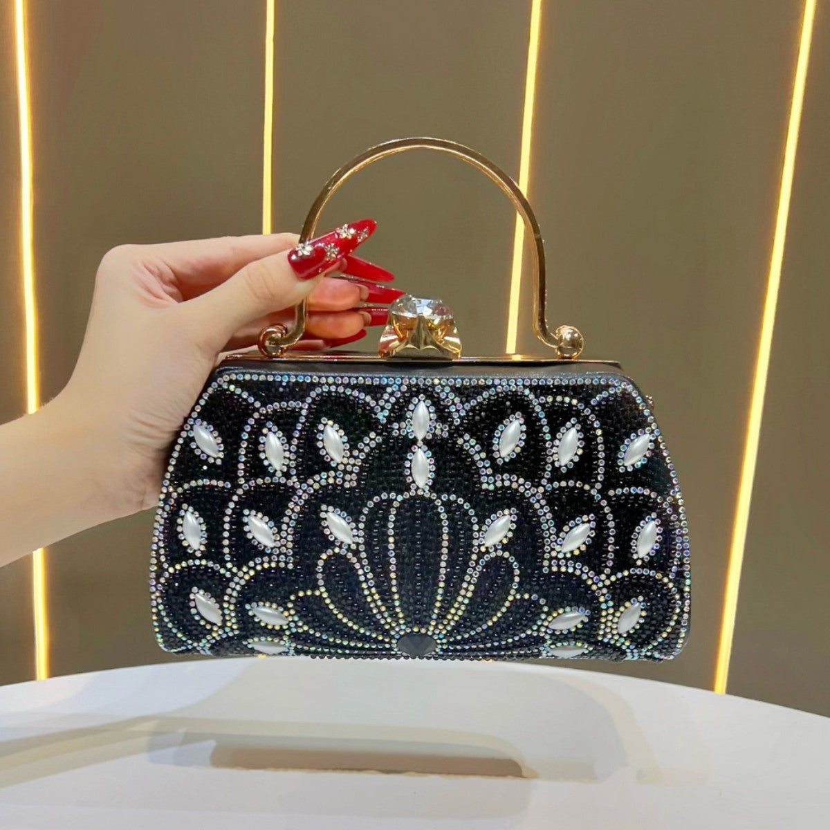 Women's Rhinestone-Embellished Evening Clutch, Light Luxury Crystal Top-Handle Crossbody Bag for Formal Dress, Sparkly Purse