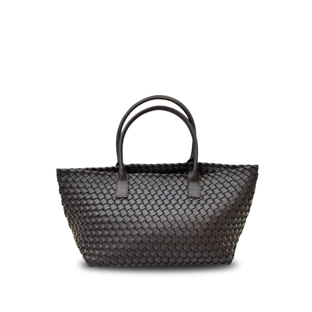Leather woven vegetable basket cowhide tote large capacity underarm hand bag female
