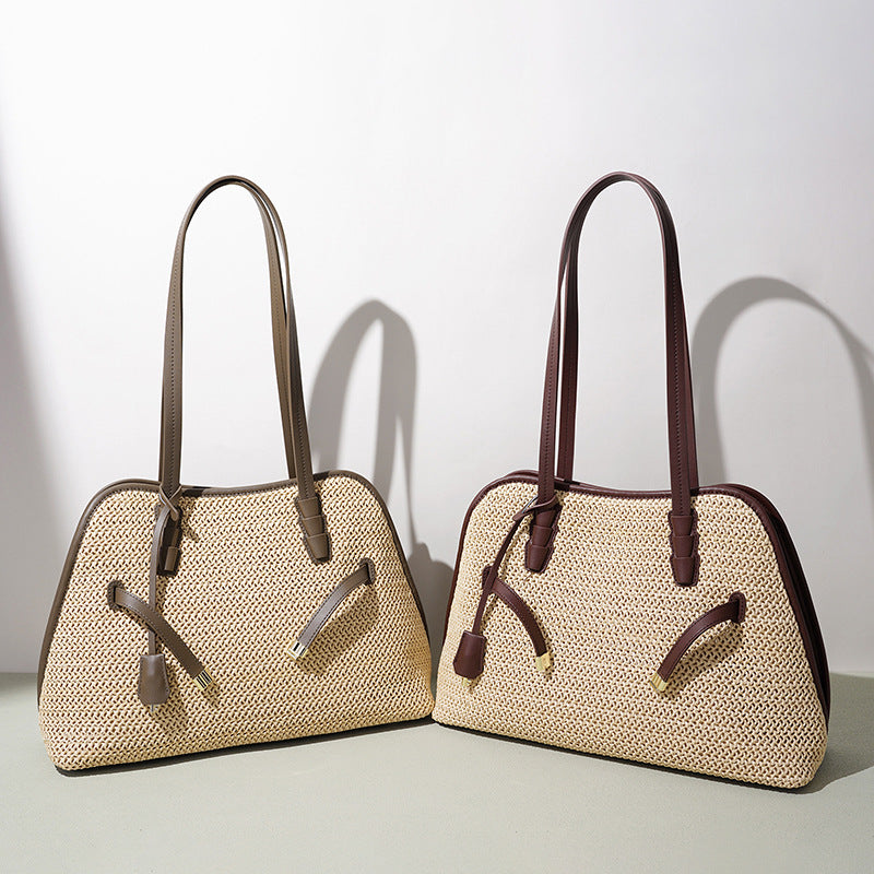 Patchwork Niche Design Cowhide Bag, Large Capacity Spring Summer Resort Style Underarm Shoulder Purse, Premium Straw Woven Handbag for Women