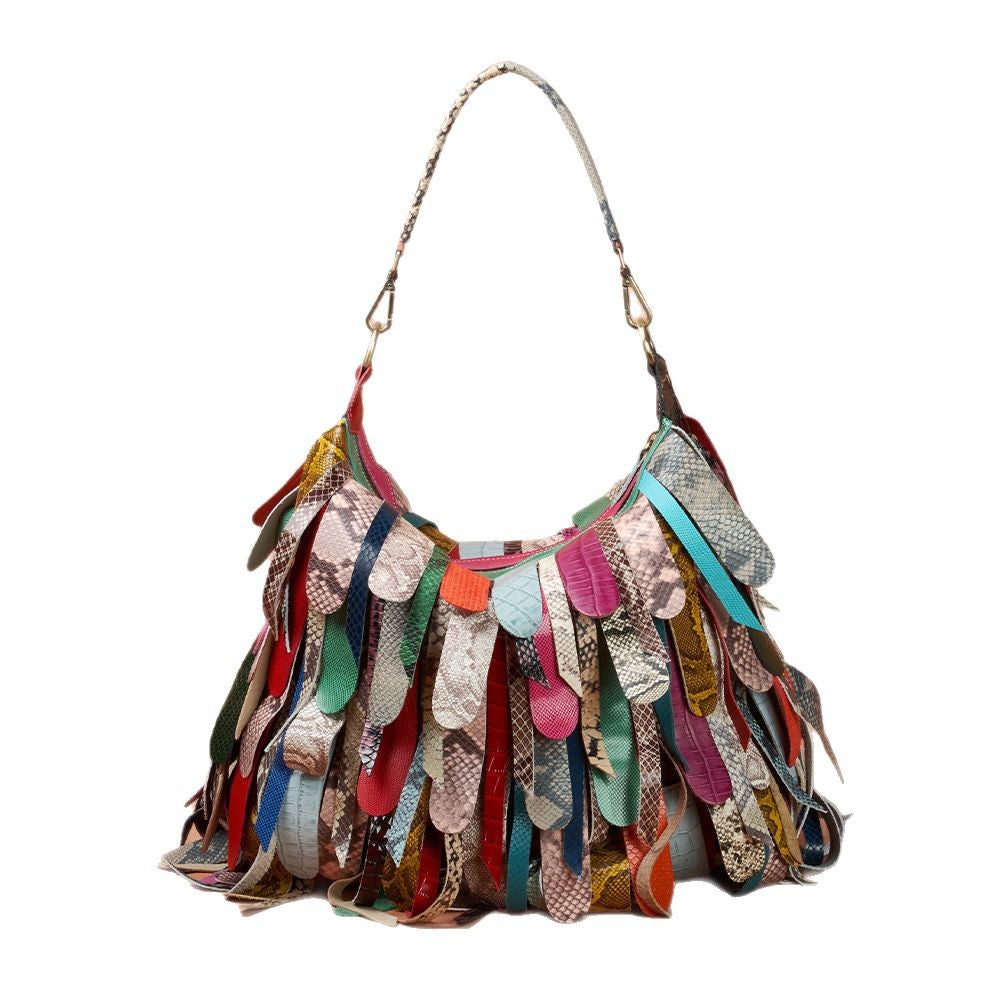 Genuine Leather Colorful Tassel Handbag for Women, Trendy Street Style Crossbody Shoulder Bag, New Patchwork Design Underarm Purse for Ladies