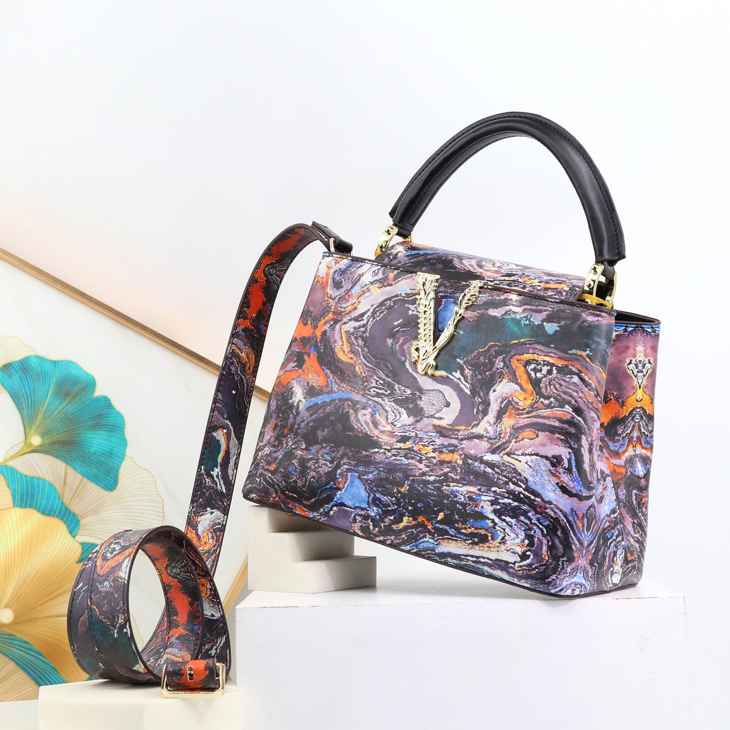 Genuine Leather Fashionable Printed Handbag, Top Handle Crossbody Purse for Ladies