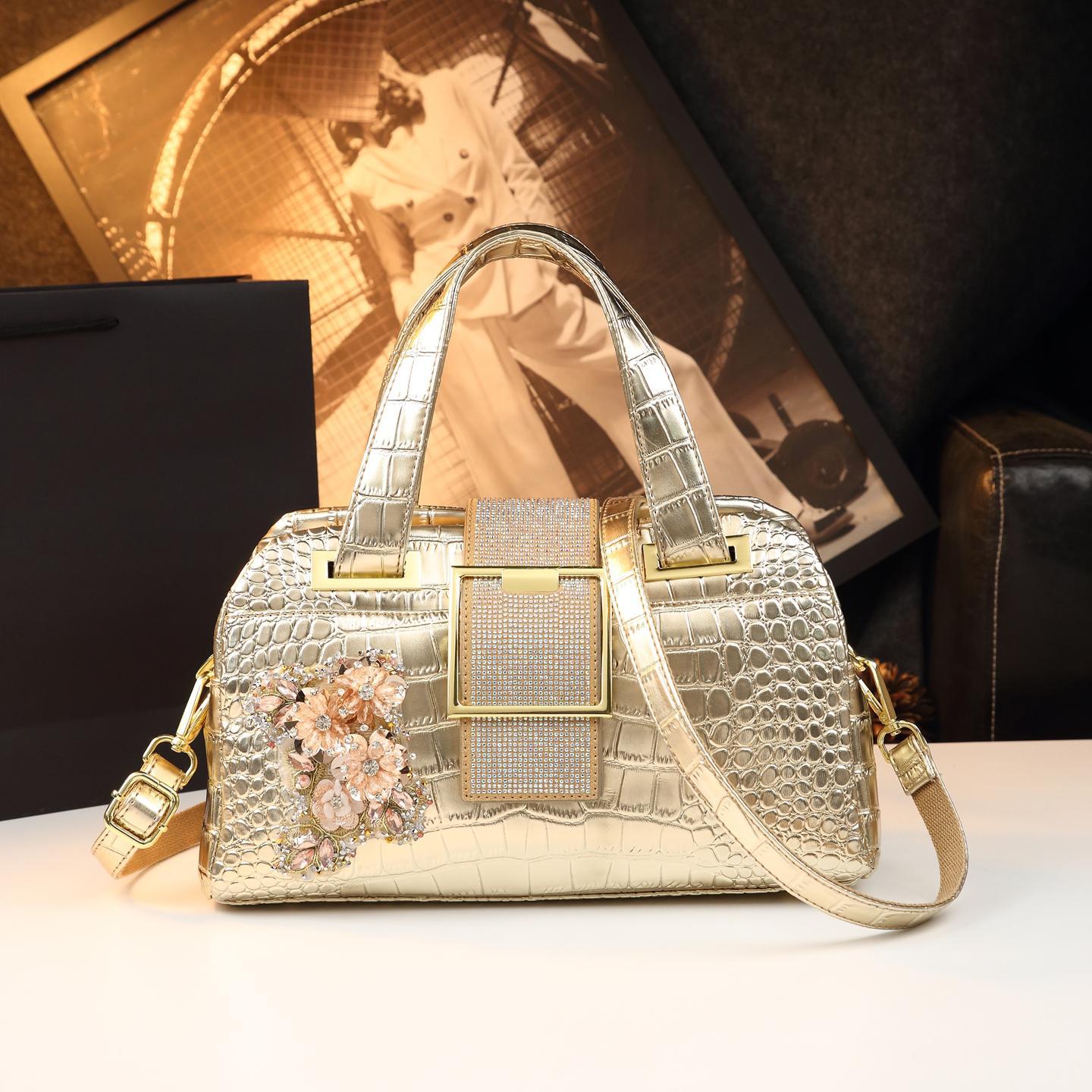 New Arrival Croc-Effect Boston Pillow Bag for Women, A Fashionable Shoulder Crossbody Top-Handle Handbag with Versatile Design, Perfect for Moms