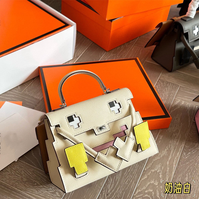 Genuine Leather Mosaic Doll Bag for Women Cross-Grain Cowhide Shoulder Crossbody Handbag, Cute Fashion Purse with Playful Design