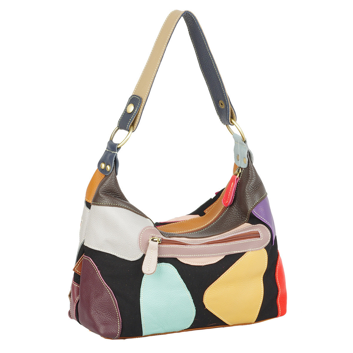 Premium Cowhide Leather Crescent Cross-Body Bag for Women | New Geometric Color-Block Pattern with Random Vibrant Contrast Design | Ethnic Bohemian Style Shoulder Purse for Everyday Chic & Travel | Unique Artistic Handbag with Trendy Statement Appeal