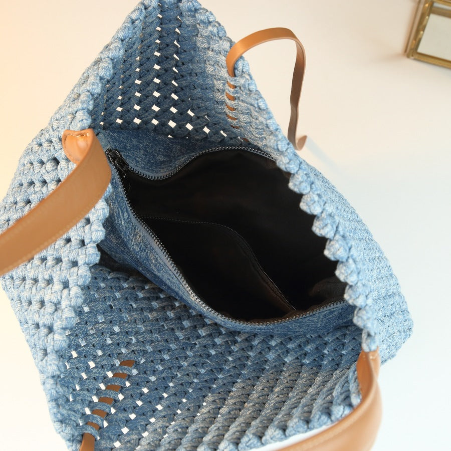 Handwoven Nylon Bucket Bag Set for Women Large Capacity Hollow Knit Sub-Bag, Casual Versatile Underarm Shoulder Purse with 2-in-1 Design