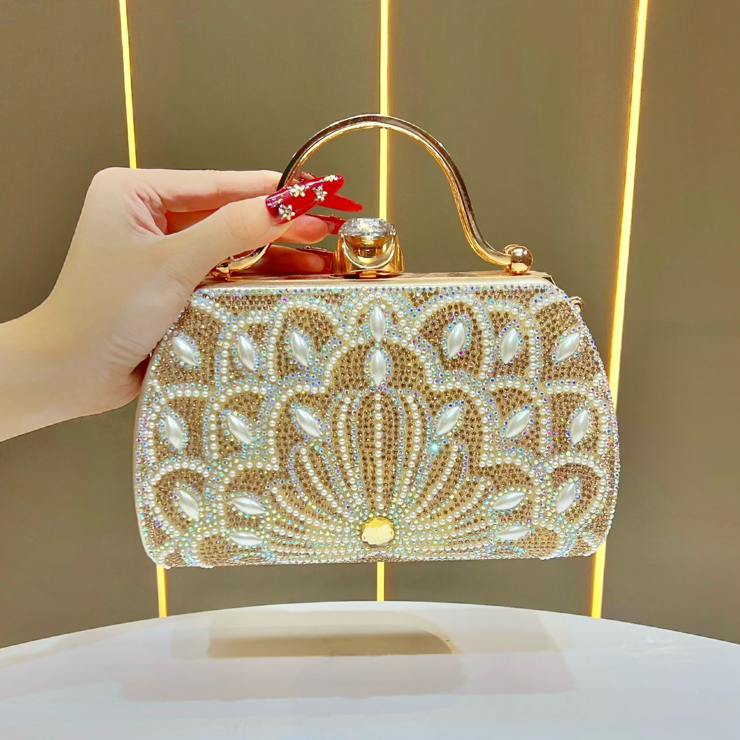Women's Rhinestone-Embellished Evening Clutch, Light Luxury Crystal Top-Handle Crossbody Bag for Formal Dress, Sparkly Purse