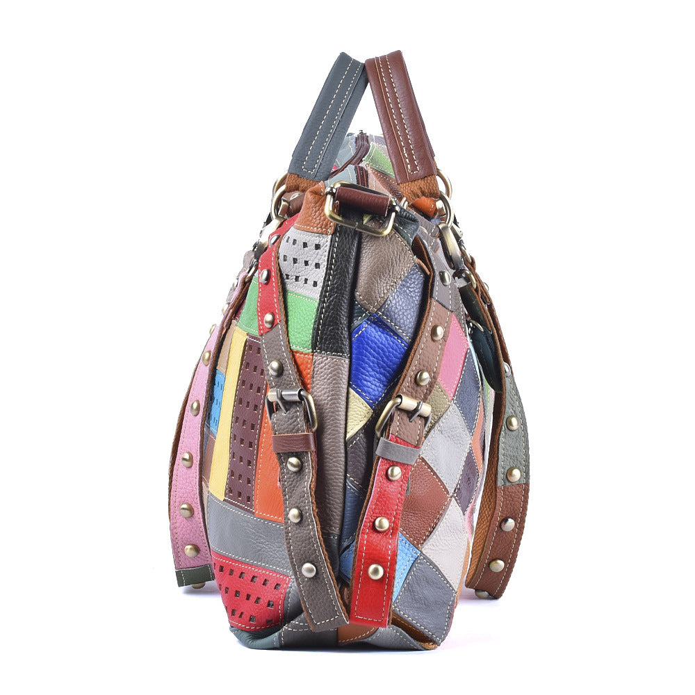 Colorful Stripe Geometric Bag in Genuine Cowhide, Random Color Block Large Capacity Shoulder Crossbody Tote, Stylish Handbag for Women
