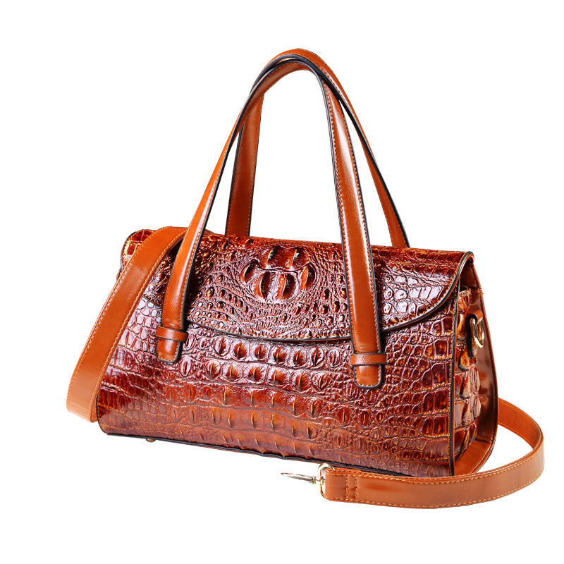New Arrival Croc-Effect Genuine Leather Boston Pillow Bag for Women, A Fashionable Shoulder Crossbody Top-Handle Handbag Perfect for Moms