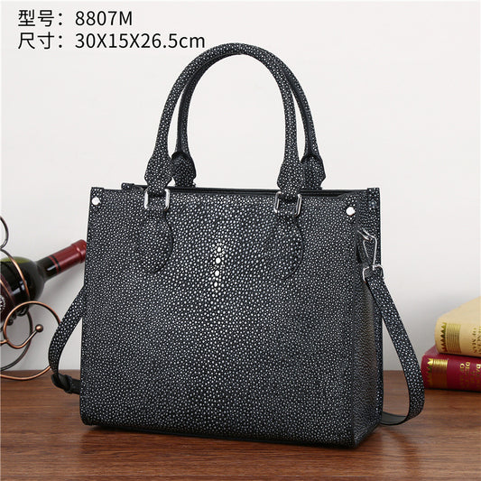 Genuine Leather Pearl Fish Grain Embossed Tote Bag for Women Large Capacity Structured Handbag, Trendy Mommy Shoulder Purse with Premium Texture