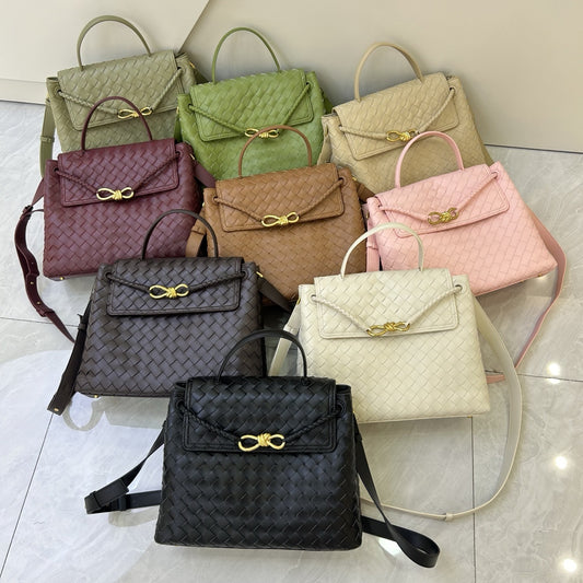 Genuine Leather Woven Tote with Butterfly Gold Buckle Flap, Large Commuter Shoulder & Crossbody Bag for Women