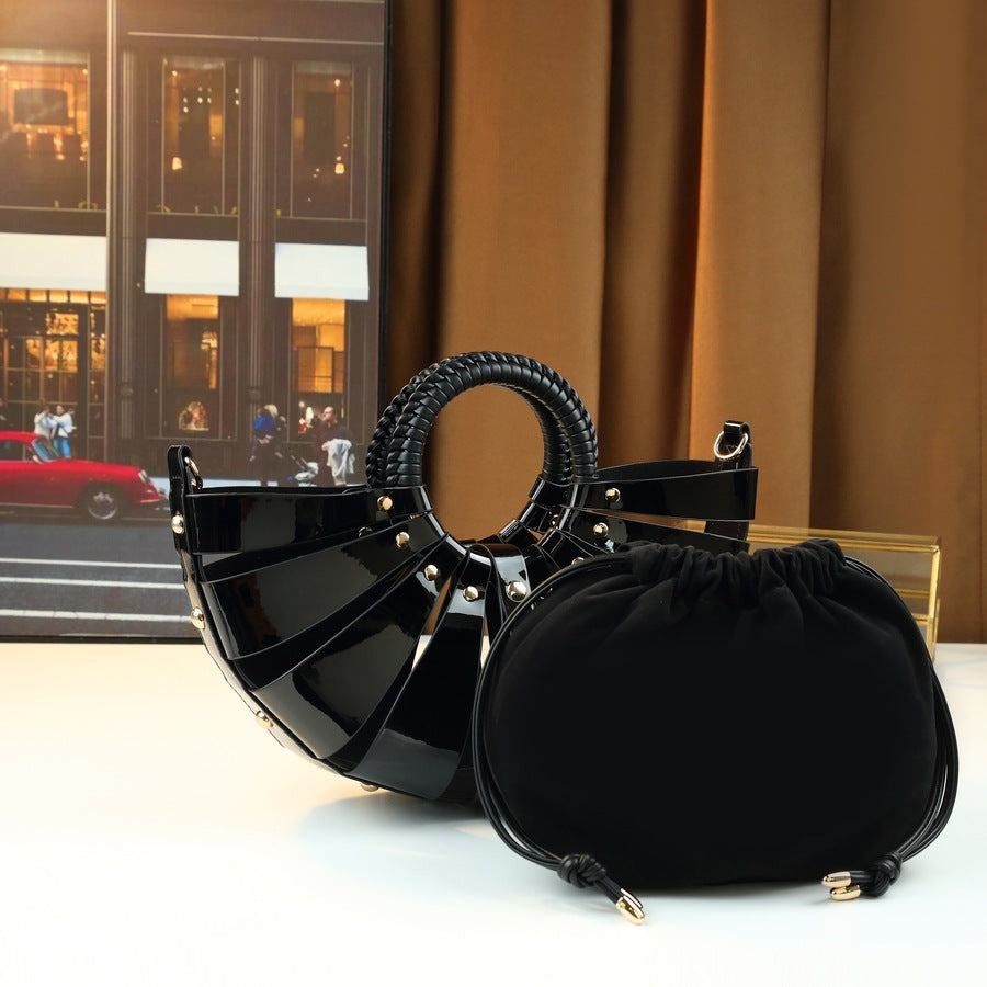 Fan-Shaped Shell Bag for Women Hollow Woven Sub-Bag Handbag, Trendy Shoulder Crossbody Purse with Unique Floral-Inspired Design