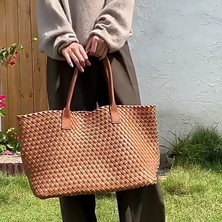 Premium Genuine Leather Woven Basket Tote Bag for Women | New Large-Capacity 2-in-1 Tote with Detachable Matching Pouch | Niche Designer Shoulder Handbag with Unique Artisan Woven Detail | Trendy Spacious Carryall for Work, Errands, Travel & Everyday