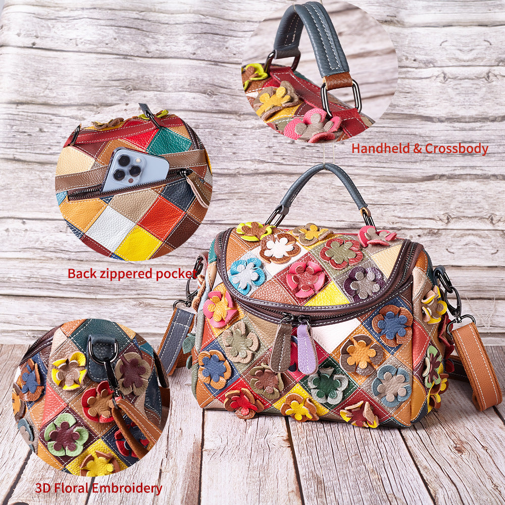 Genuine Top Layer Cowhide Handmade Floral Color Block Patchwork Handbag for Women, New Arrival Top Handle Shoulder Purse, Casual Travel Small Bag for Ladies
