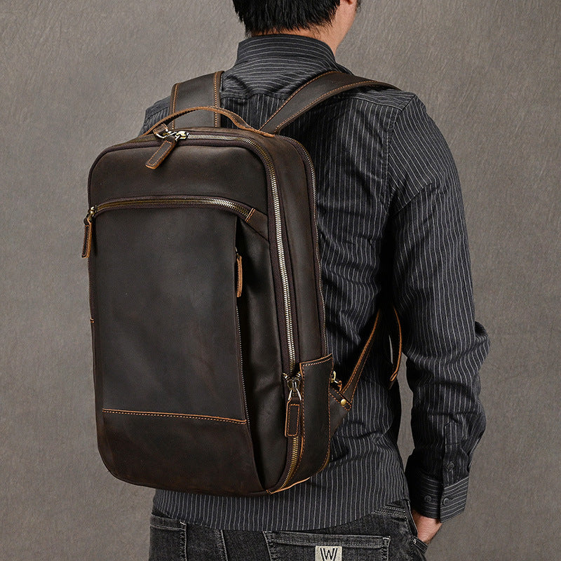 Double Zipper Main Pocket Crazy Horse Leather Backpack, Large Capacity Casual Travel Daypack, Genuine Cowhide Bag for Men