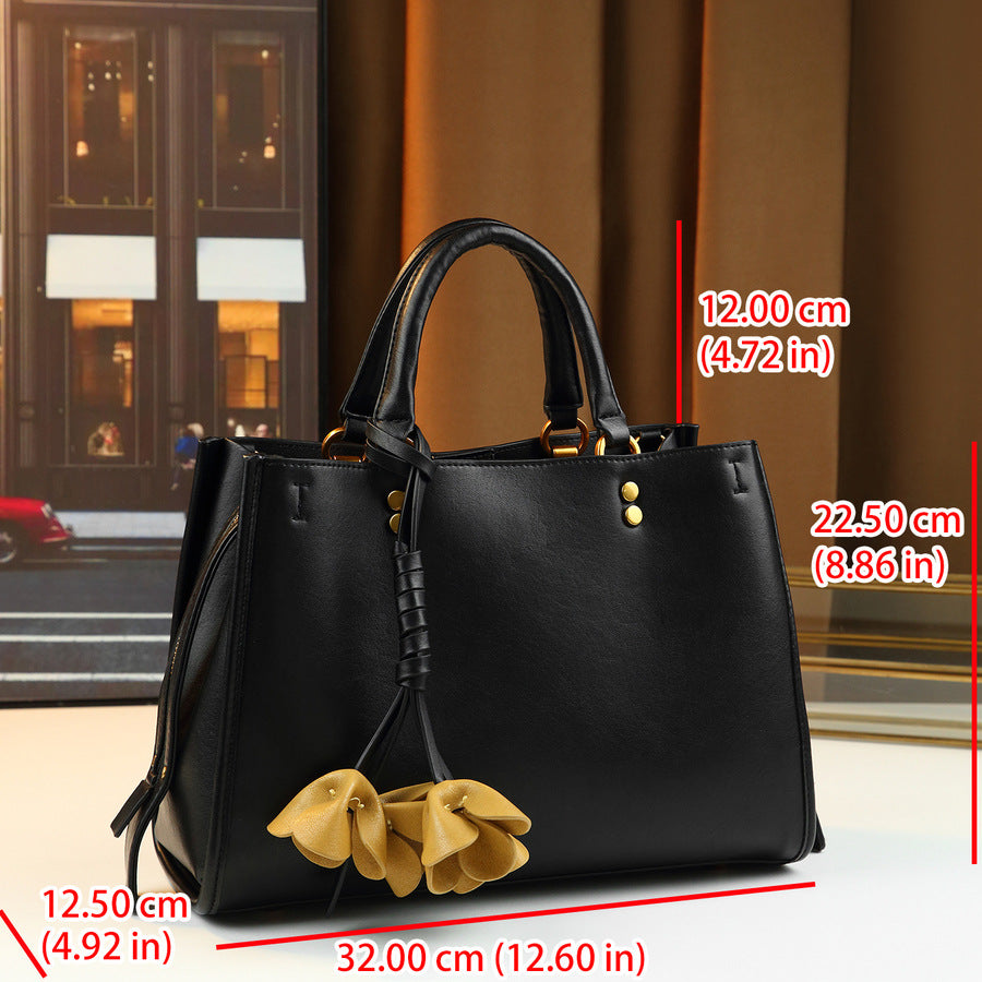 Classic Vintage Tote Bag with 3D Flower Charm and Metal Studs, Large Capacity Shoulder Handbag for Work Commute & Everyday Style