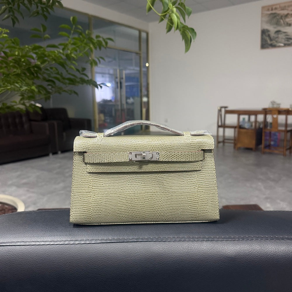 Genuine Top Layer Cowhide Lizard-Embossed Kelly-Style 22H Bag for Women, Hand-Stitched Waxed Thread with Lambskin Lining, Full Steel Hardware Square Purse for Ladies
