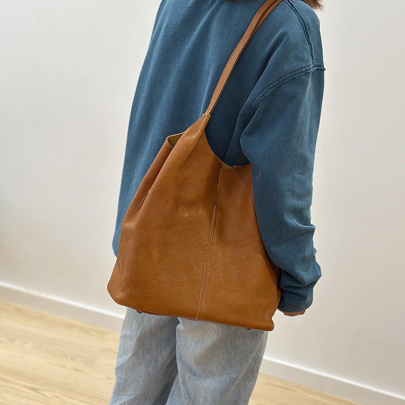 Genuine Leather Handmade Vintage Tote Bag for Women, New Minimalist Large Capacity Shoulder Top Handle Purse, Versatile Commute Handbag for Ladies