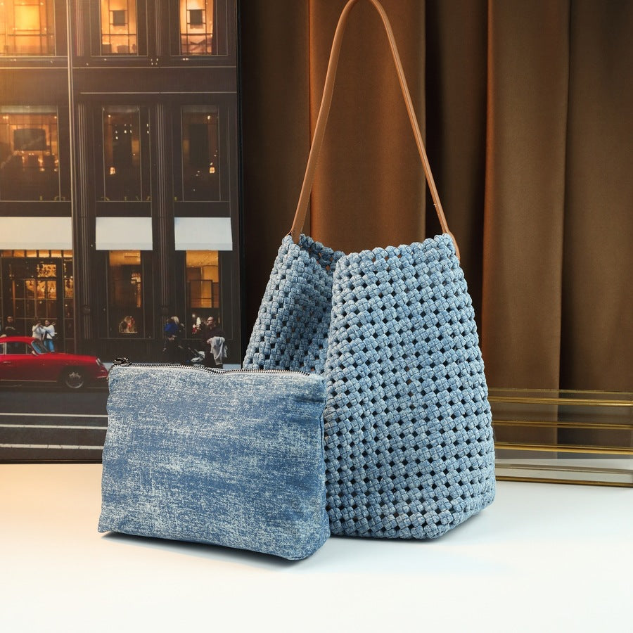 Handwoven Nylon Bucket Bag Set for Women Large Capacity Hollow Knit Sub-Bag, Casual Versatile Underarm Shoulder Purse with 2-in-1 Design