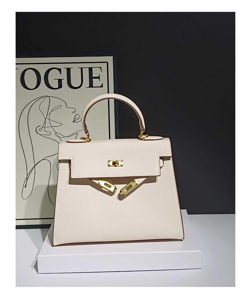 Genuine Leather Palm Texture Kelly-Style Bag for Women, High-Quality Shoulder Crossbody Top Handle Purse, Minimalist Versatile Square Handbag for Ladies