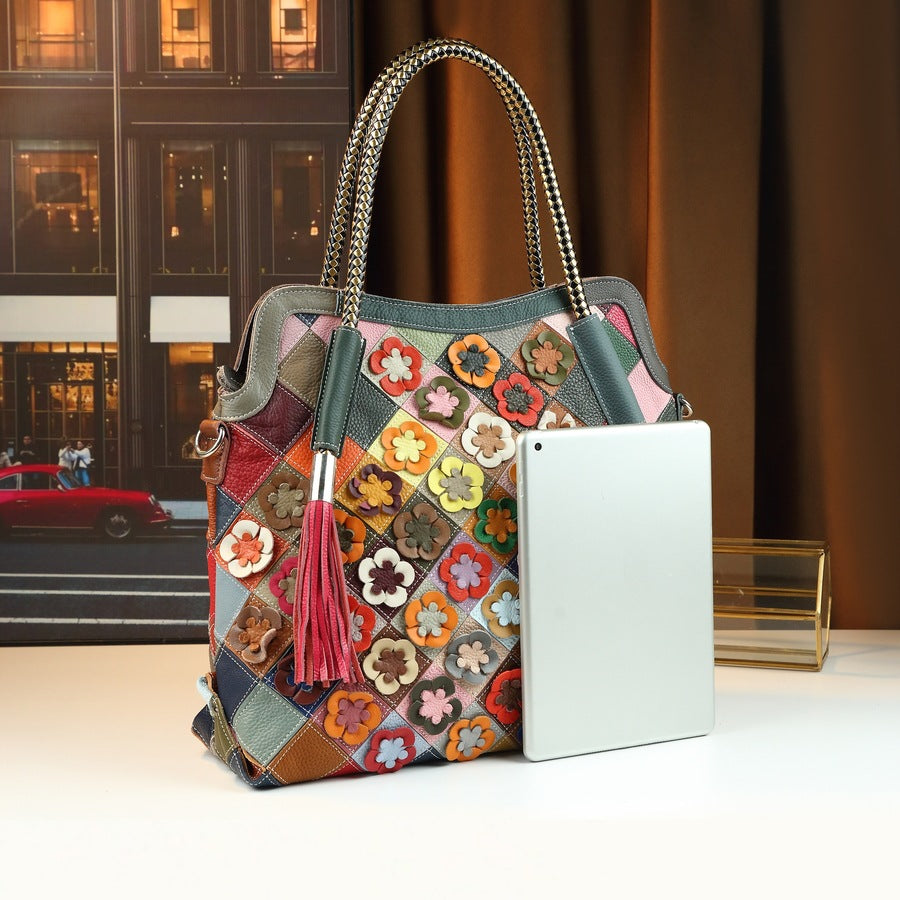 Woven Patchwork Flower Tote Bag for Women Multi-Color Handmade Shoulder Crossbody Handbag, Large Capacity Bohemian Purse with Vibrant Design
