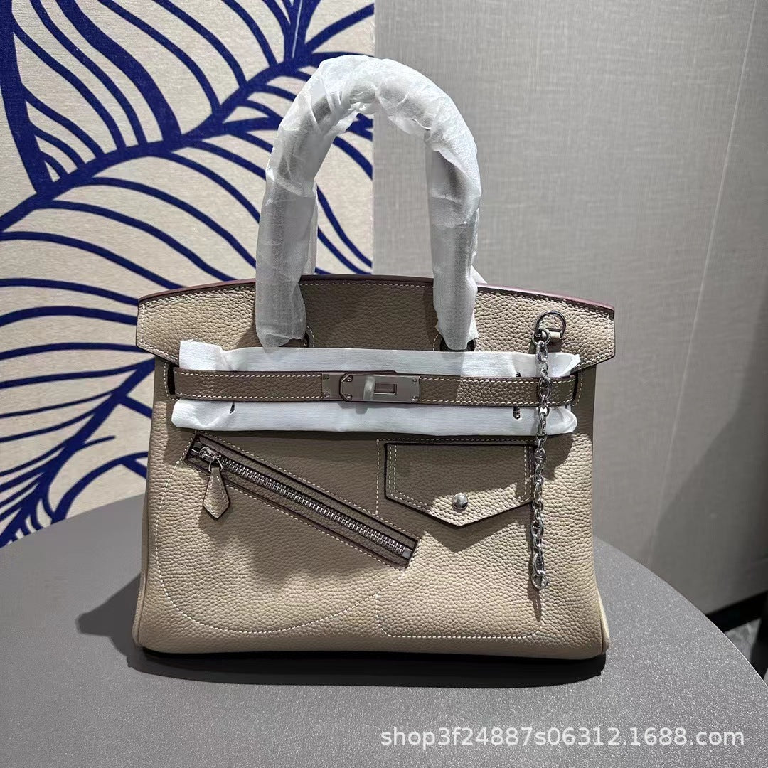 New Arrival Top-Layer Cowhide Leather Biker Birkin-Inspired Tote Bag for Women, Front Zipper Detail with Spacious Large Capacity, Versatile Top-Handle Crossbody Handbag for Everyday Style