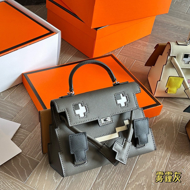 Genuine Leather Mosaic Doll Bag for Women Cross-Grain Cowhide Shoulder Crossbody Handbag, Cute Fashion Purse with Playful Design