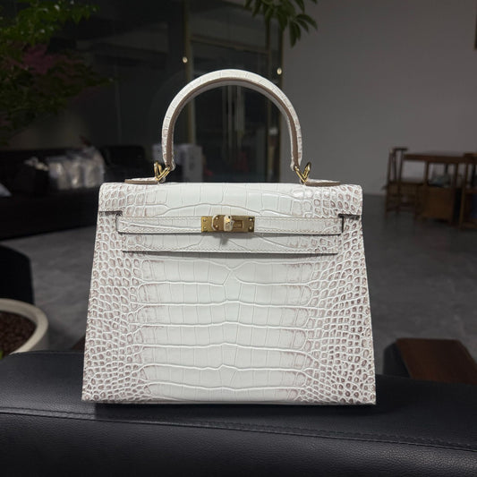 Premium 25cm Kelly-Inspired Fully Hand-Stitched Croc-Effect Leather Bag for Women, External Stitching Top-Layer Cowhide with Stainless Steel Hardware, Versatile Top-Handle Crossbody Handbag