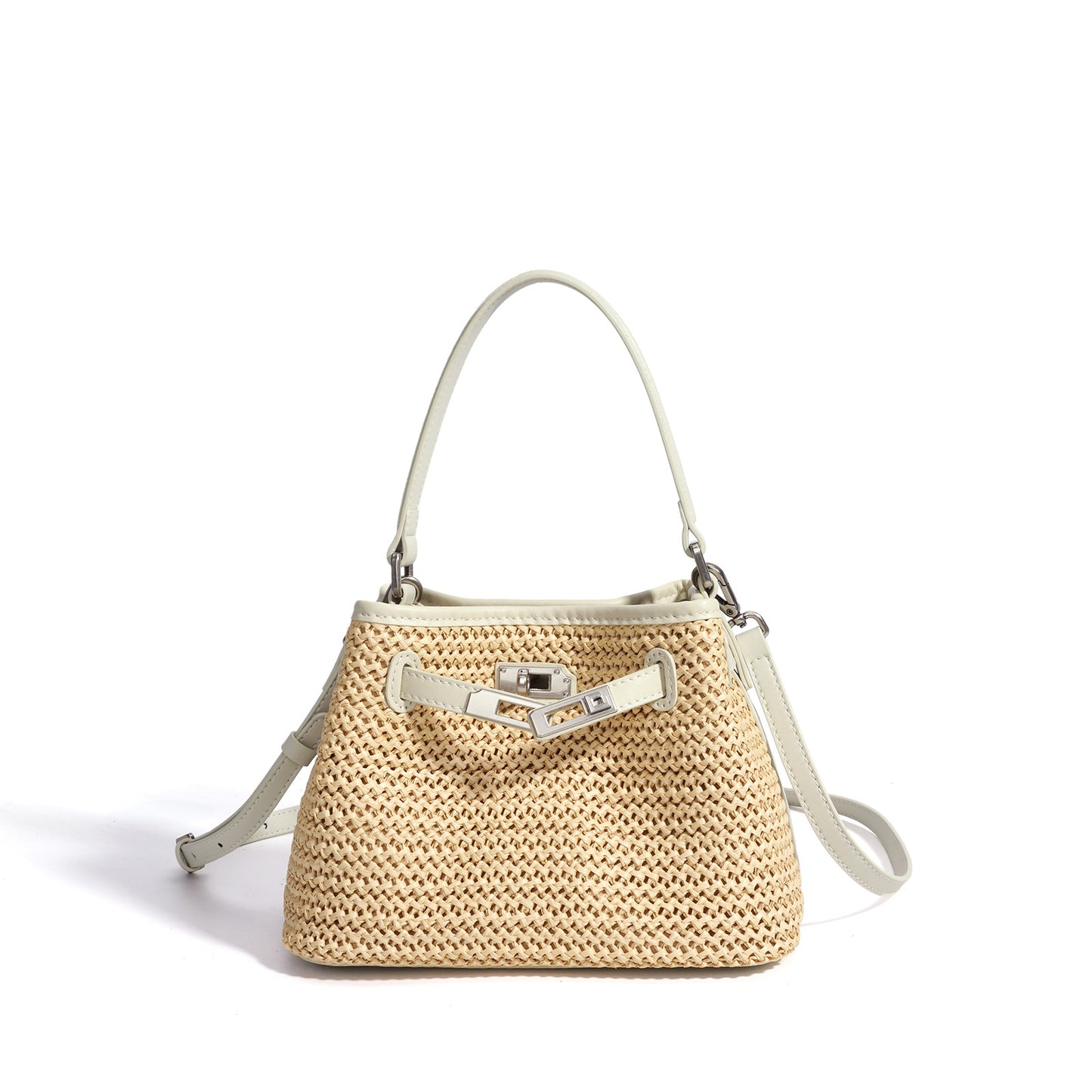 Casual Basket Woven Bucket Bag in Genuine Leather, Korean Style Patchwork Underarm Shoulder Crossbody Purse, Versatile Handbag for Women