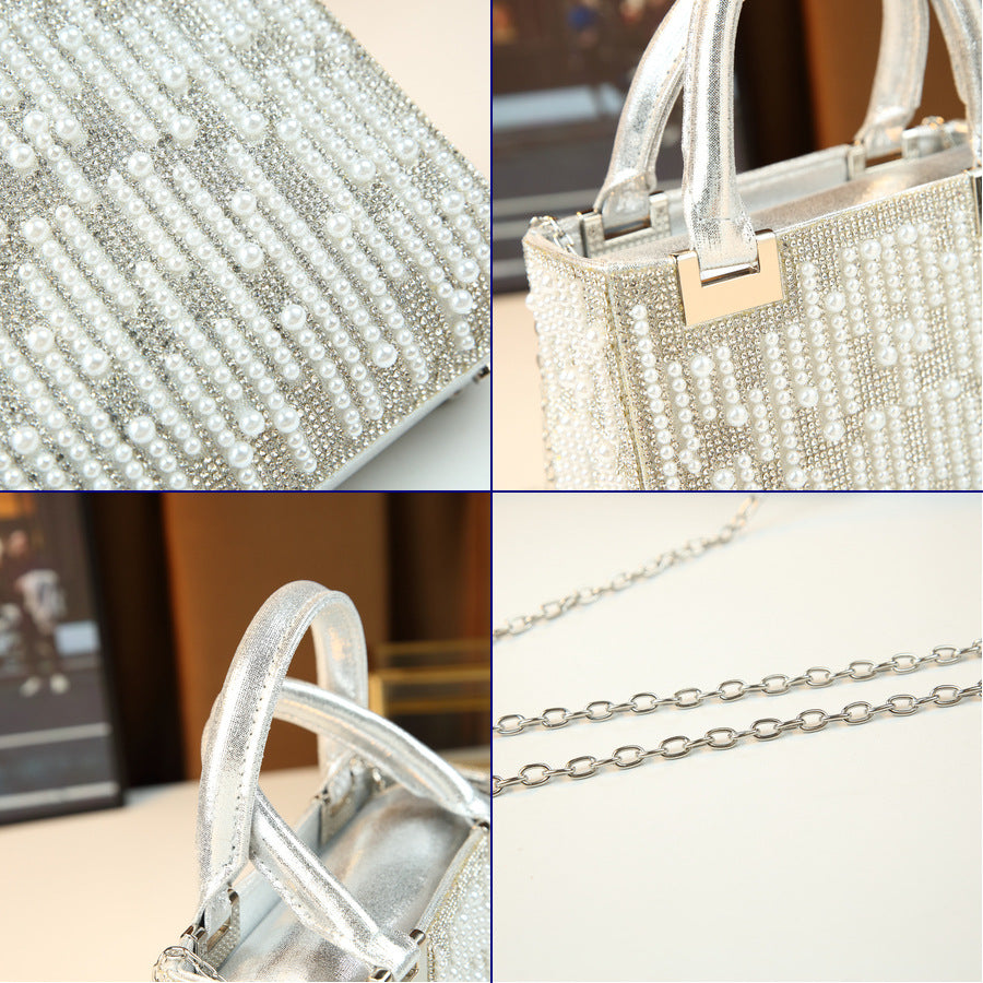 Rhinestone Pearl Embellished Lady Tote Bag for Women Evening Shoulder Crossbody Handbag, Elegant Versatile Purse with Glamorous Design