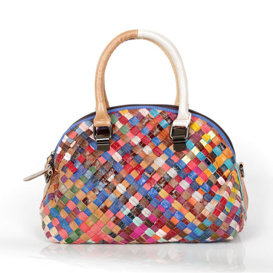Handwoven Colorful Color Block Cowhide Bag, Casual Vintage Shoulder Crossbody Top Handle Purse, Boho Handbag for Women