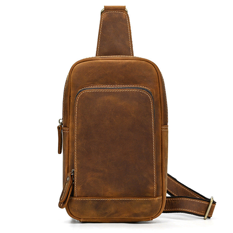 Crazy Horse Leather Chest Crossbody Bag, Casual Shoulder Pouch, Commute Outdoor Travel Pack for Men