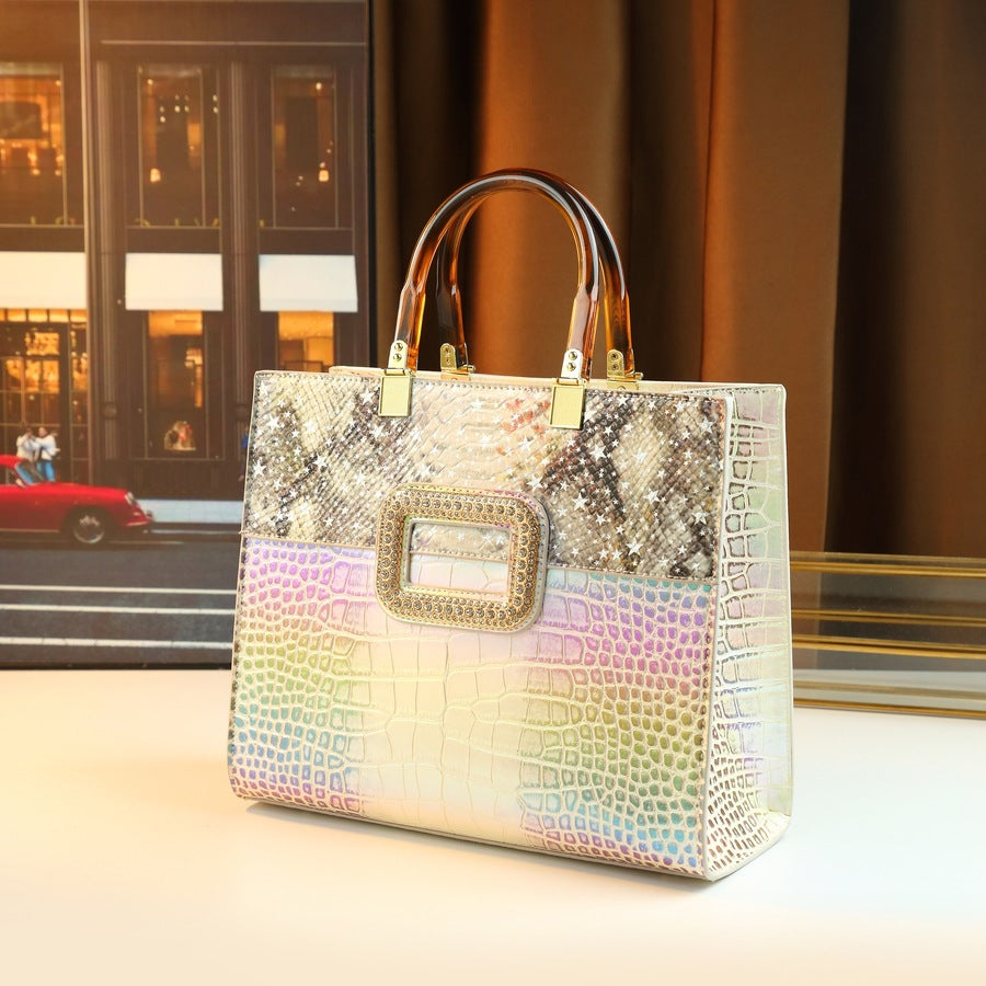 New Arrival Vintage Iridescent Croc-Effect Tote Bag for Women, A Large Capacity Top-Handle Shoulder Handbag with Magnetic Snap Design & Fashionable Retro Style