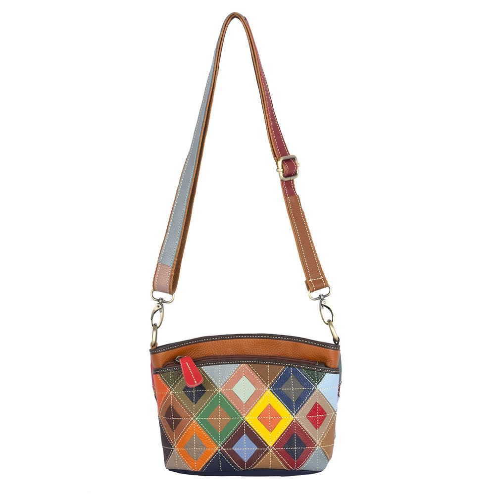 Premium Top-Layer Cowhide Leather Bag for Women | Handcrafted Ethnic Style Plaid Cross-Body Shoulder Handbag | Vibrant Color-Block Design with Bohemian Flair | Unique Artisan Purse with Timeless Craftsmanship & Trendy Appeal