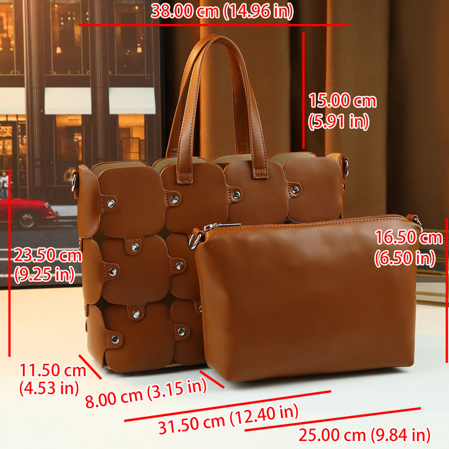 Geometric Patchwork Bucket Bag Set for Women Large Capacity Shoulder Crossbody Handbag, Creative Versatile Purse with Detachable Sub-Bag