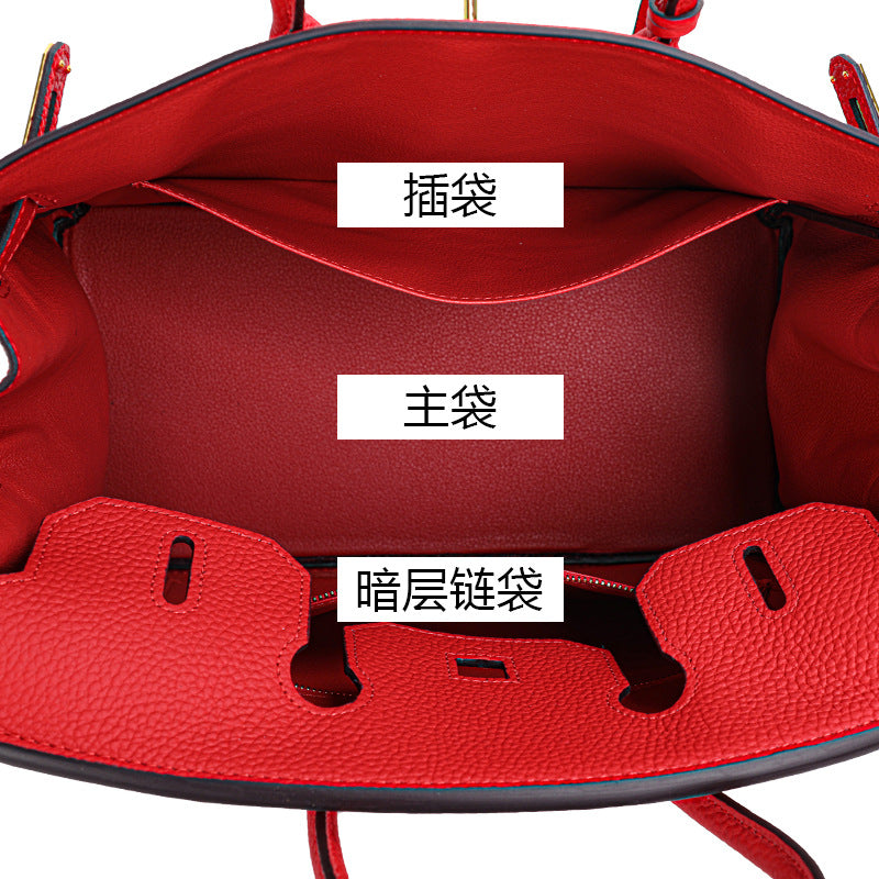 Chic Red Pebbled Leather Birkin-Inspired Tote Bag for Women, Large Capacity Genuine Leather Top-Handle Handbag with Elegant Sophisticated Design, Everyday Purse